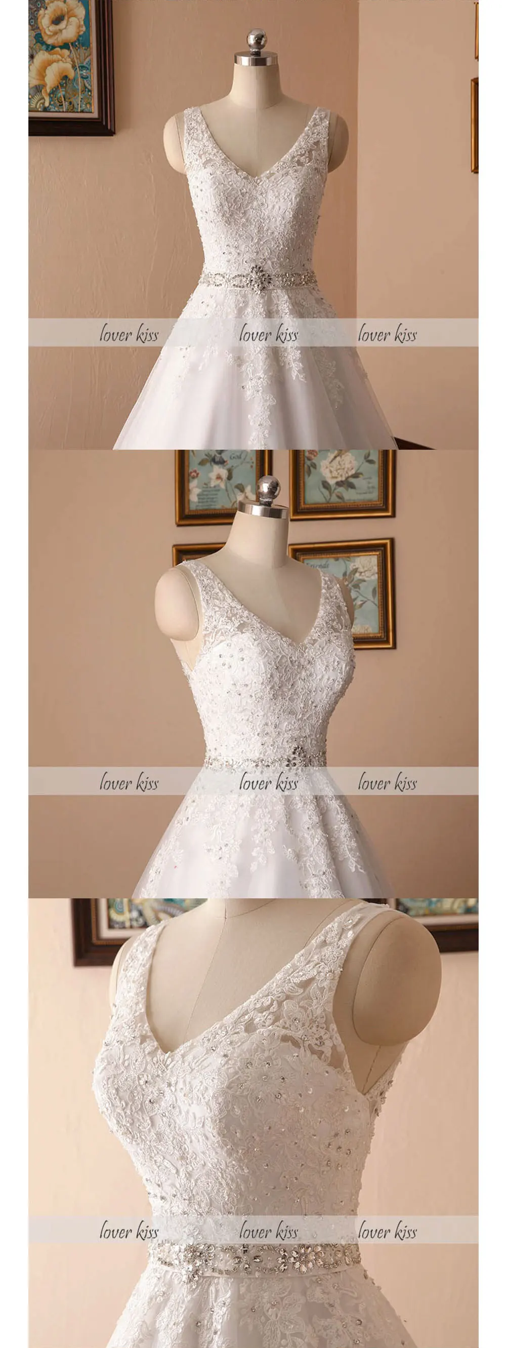 Lover Kiss Vestido De Noiva элегантное кружевное свадебное платье трапециевидной формы с v-образным вырезом, расшитое бисером, с открытой спиной, винтажное реальное изображение свадебной фаты, платья Плюс