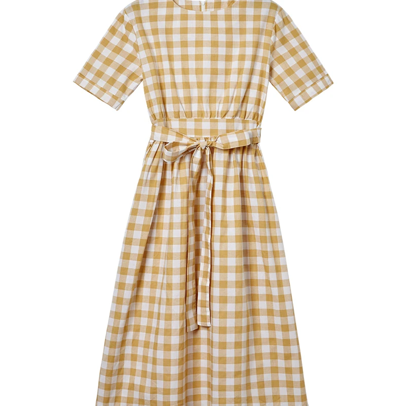 Летнее платье 2018 корейское дамское винтажное желтое клетчатое милое стильное