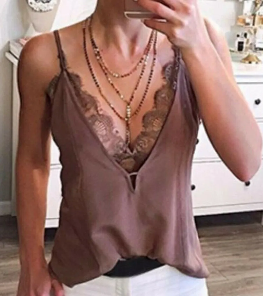 Hirigin для женщин Sexy Глубокий V кружево лоскутное Strappy топики женские топ повседневное жилет без рукавов безрукавки для - Цвет: Коричневый