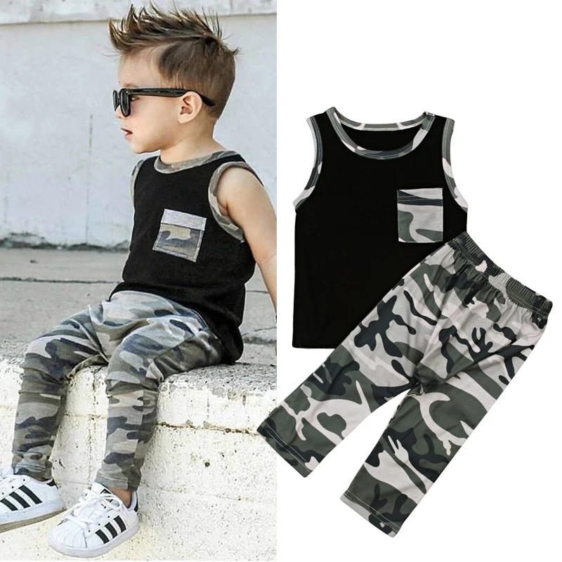 Rorychen Children Baby Boys Clothes 2018 New Summer Black Sleeveless Vest+Camouflage Long Pants 2Pcs Suit Kids | Детская одежда и