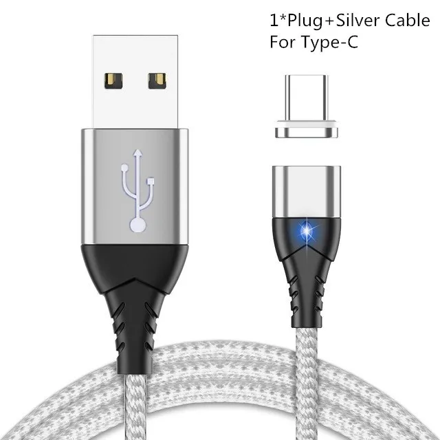 Silvery For Type C Магнитный зарядный кабель для телефона, Micro USB кабель для iPhone XR XS Max X Xiaomi, магнитное зарядное устройство, usb type C, светодиодный кабель для зарядки - Цвет: Silvery For Type C