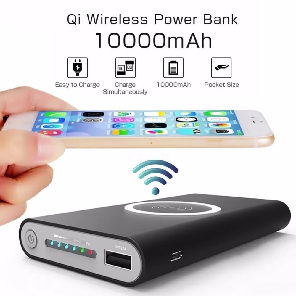 Портативное беспроводное зарядное устройство Qi внешний аккумулятор 10000 мАч для
