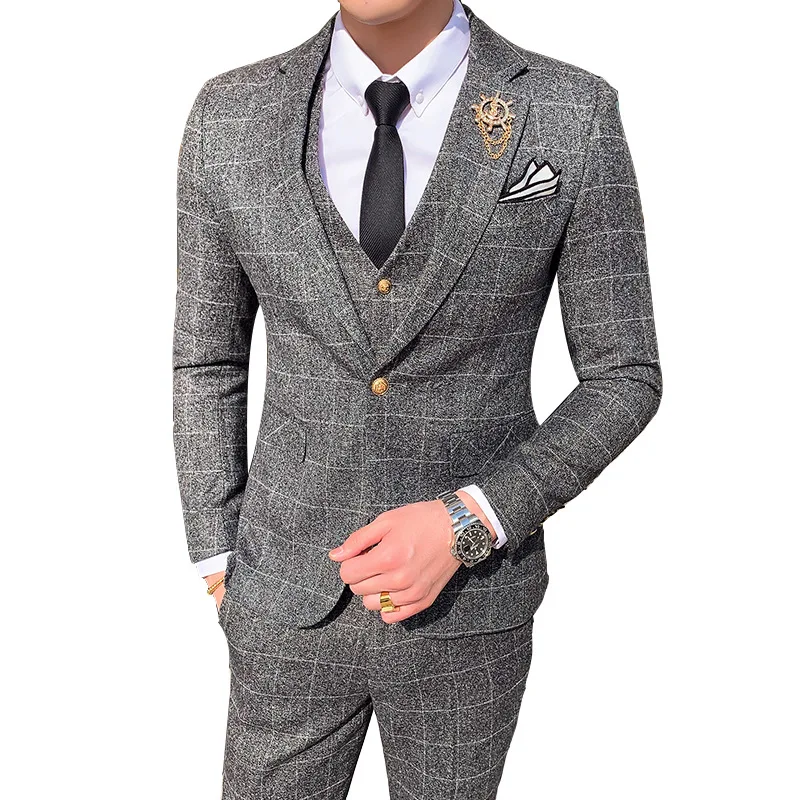 

(Jacket+Pant+vest) Spring and Autumn Business Casual Plaid Suit Men's Groom Dress Suit Three-piece Male
