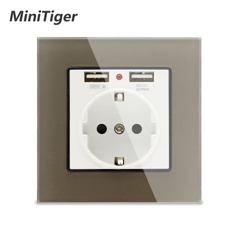 Minitiger, зеленая, розовая, цветная стеклянная панель с кристаллами, двойной usb порт для зарядки, 2.1A, 16A, Россия, Испания, настенная розетка, европейская розетка