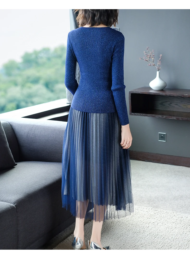 Женское Плиссированное блестящее облегающее синее платье с V образным вырезом и