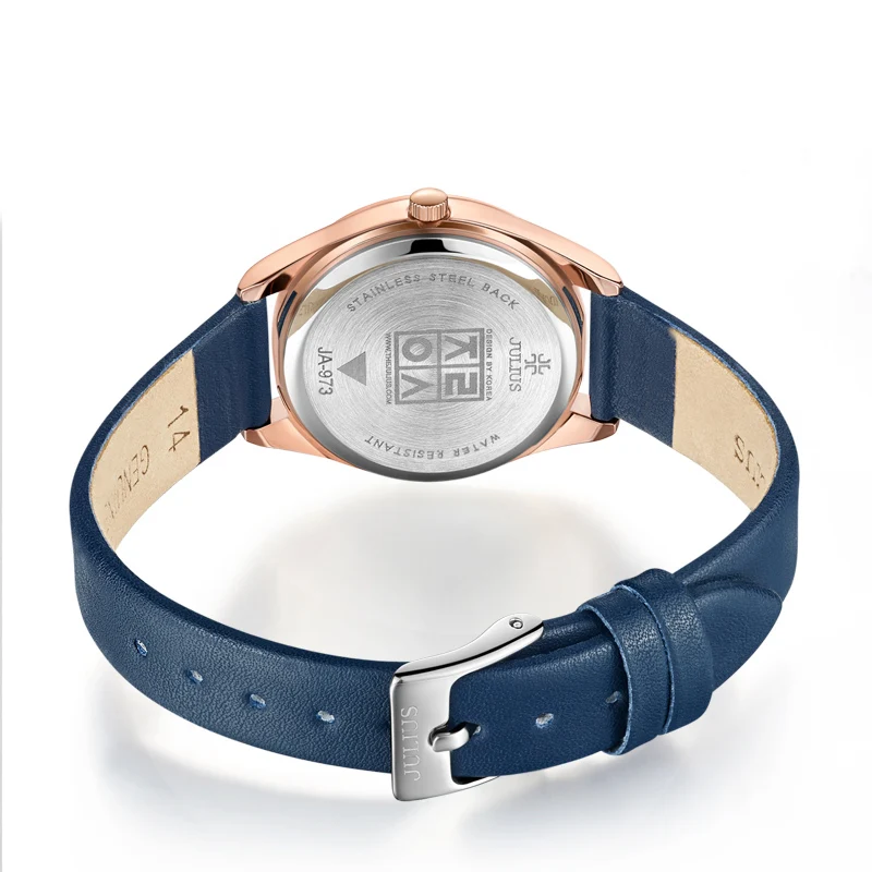 Женские кварцевые часы Julius синие наручные с кожаным ремешком под платье