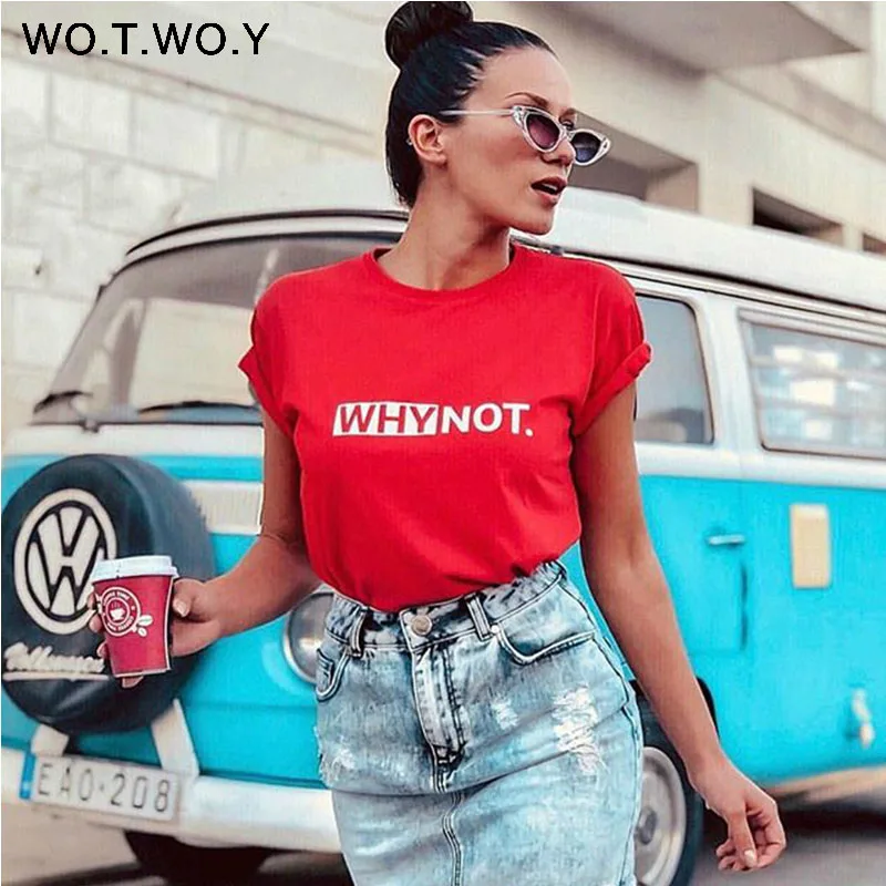 WOTWOY забавная футболка с буквами Женская хлопковая летняя футболка с принтом повседневные топы футболки женские с коротким рукавом женские белые черные красные футболки
