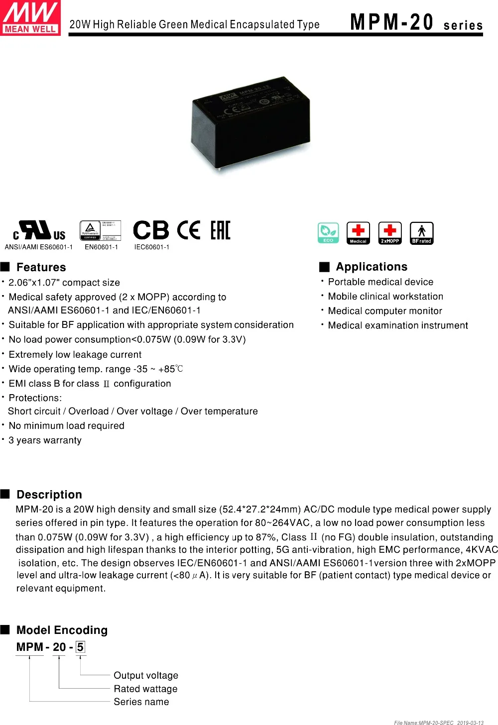 MEANWELL AC/DC MPM-20 3,3 V 5V 12V 15V 24V Высокая надежность зеленый медицинский инкапсулированный Тип переключение Питание