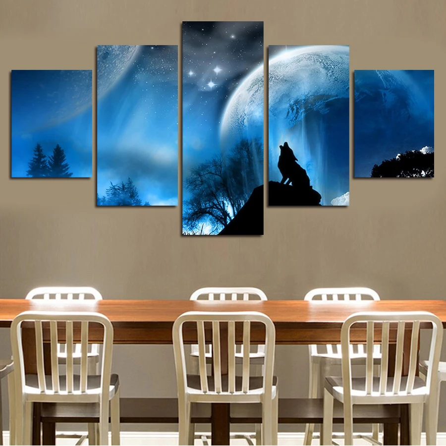 

Paintings Wall Art Luxury Elegant 5pcs Canvas Modern Wall Painting Night Wolf Starry Sky Home Decor Art Picture Paint On Prints