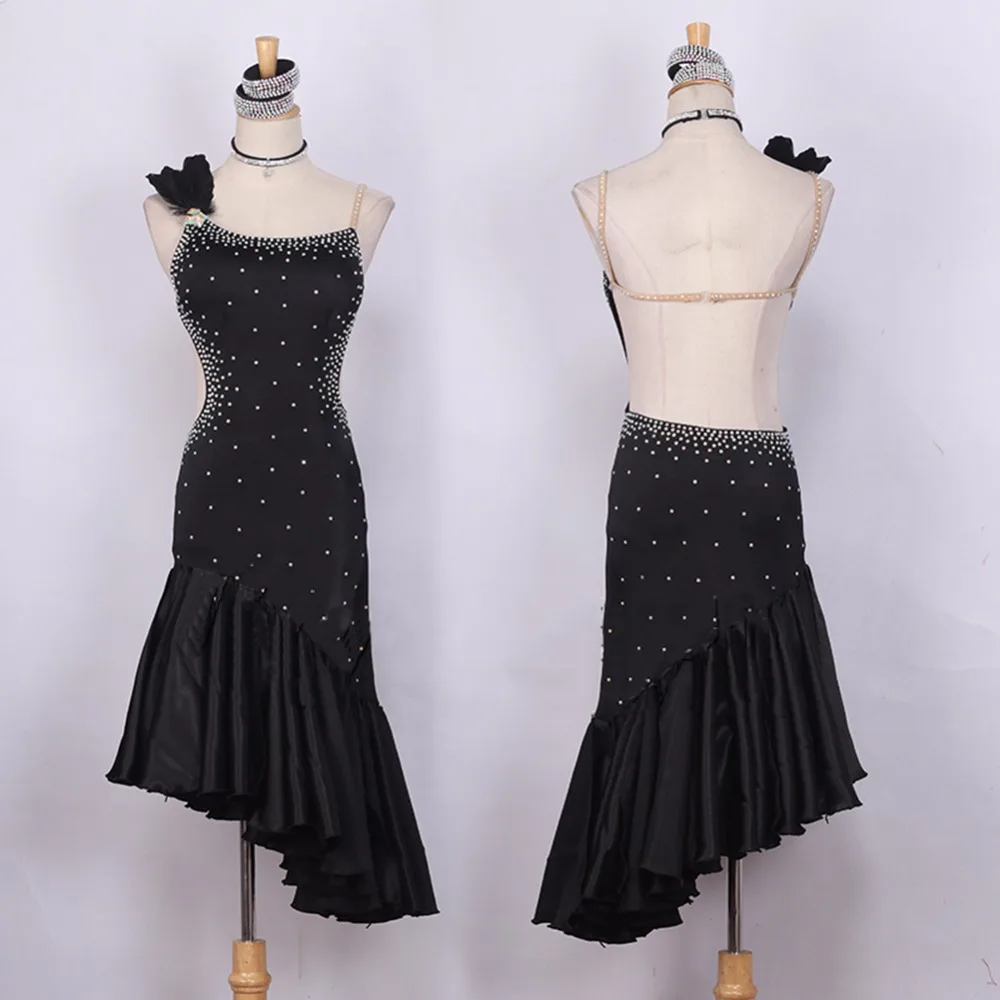 

Женское платье для латиноамериканских танцев, синее, черное платье с юбкой, костюм для выступлений, одежда для бальных танцев, 1193