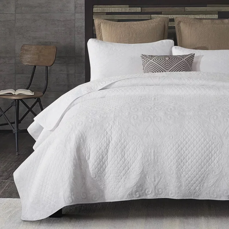 

CHAUSUB White Quilt Set 3PCS Bedspread on the Bed Cotton Quilted Bed Cover King Size Franch Embroidered for All Season Coverlet