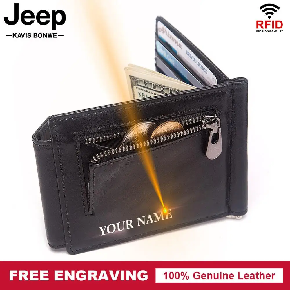 Free Engraving Money Clip Genuine Cow Leather Male Purse Wallet Men Dollar Clamp for Card DIY Gift Small Slim | Багаж и сумки