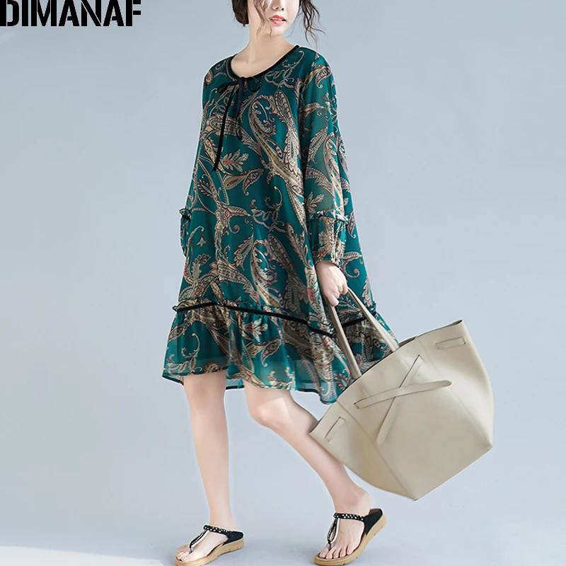 DIMANAF, большие размеры, женское шифоновое платье, летнее, винтажное, сарафан, элегантное, для девушек, Vestidos, с оборками, свободное, повседневное, женское, с принтом, Пляжное Платье