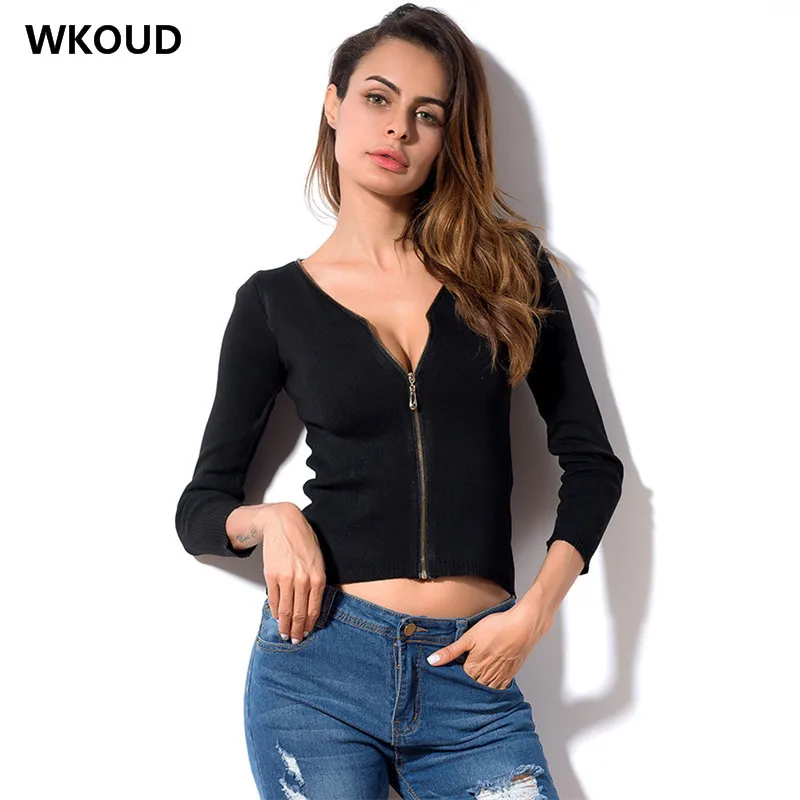 WKOUD 2018 Women Knitted Cardigans With Zipper Deep V-neck Sweaters Female Sexy Casual Slim Sweater Knitwear Crop Tops H1037 |