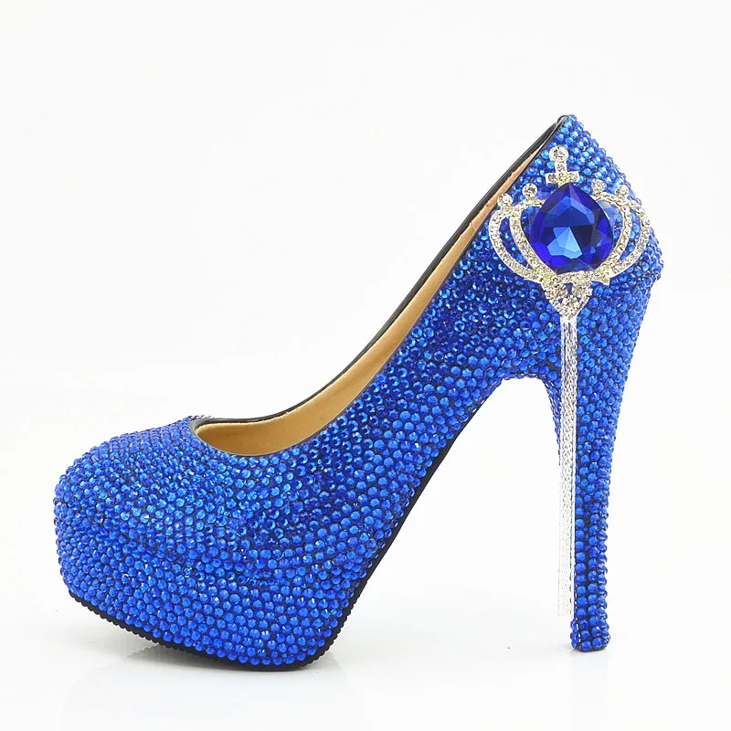 Женские вечерние туфли Золушки на высоком каблуке Элегантные Синие стразы