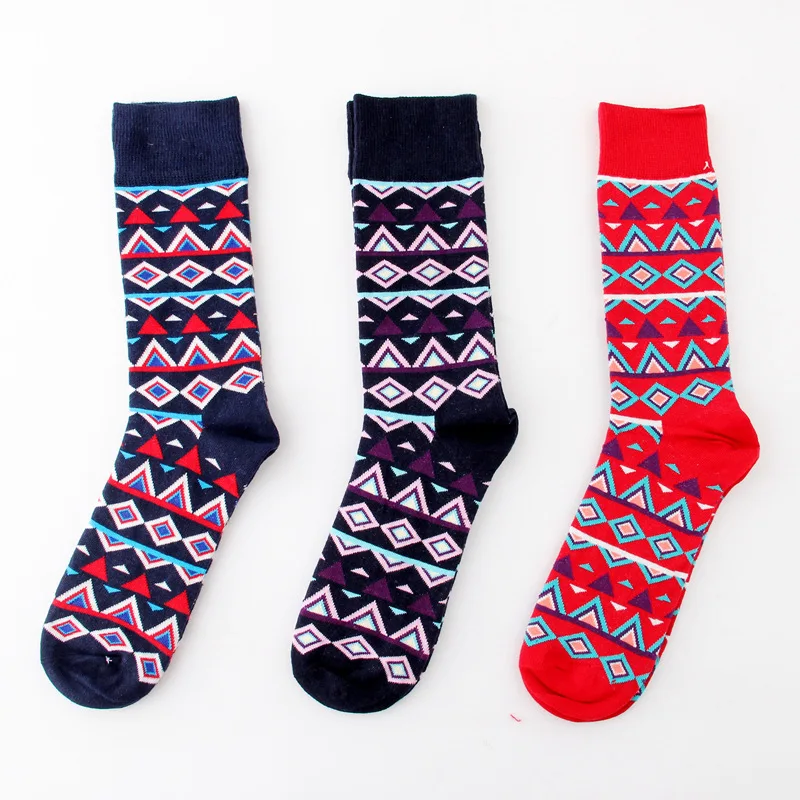 Счастливые мужские носки Ретро этнический стиль алмаз высокие модные трендовые