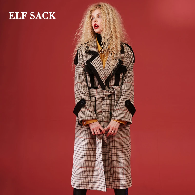 ELFSACK клетчатая британская шерстяная куртка длинное шерстяное пальто для женщин