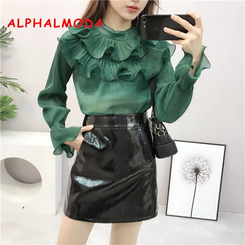 ALPHALMODA 2018 модная новая модель плиссированная шифоновая рубашка с оборками