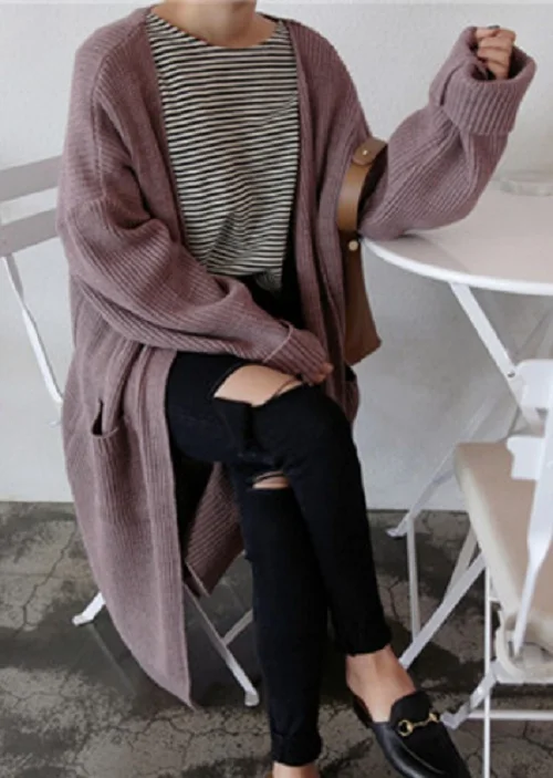 Весенне-осенний винтажный корейский длинный кардиган свернутый однотонный