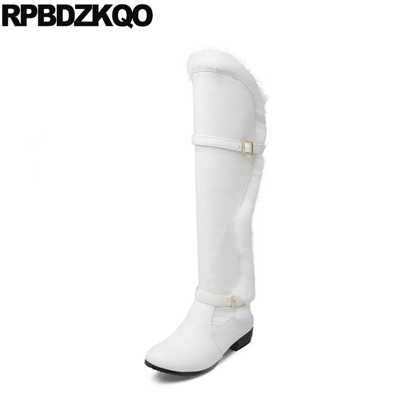 

Wide Calf Big Size Low Heel Elevator Long Waterproof Snow Boots Women Faux Fur Furry Knee High White Winter Belts Over The Slip
