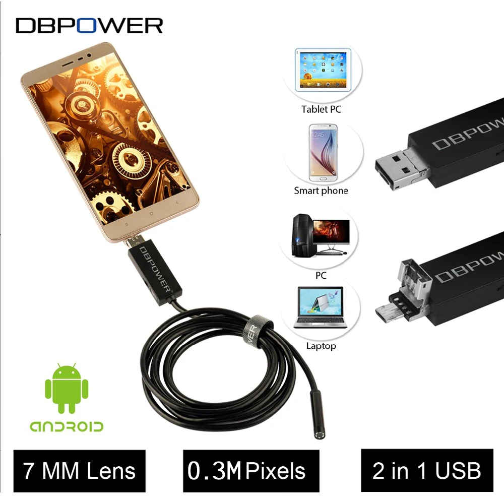 DBPOWER Android&ampPC USB Endoscope Inspection Camera 7MM 5/7/10 M 0.3MP HD Borescope Video Cam 6 Adjust LED Night Vision DC 5V |