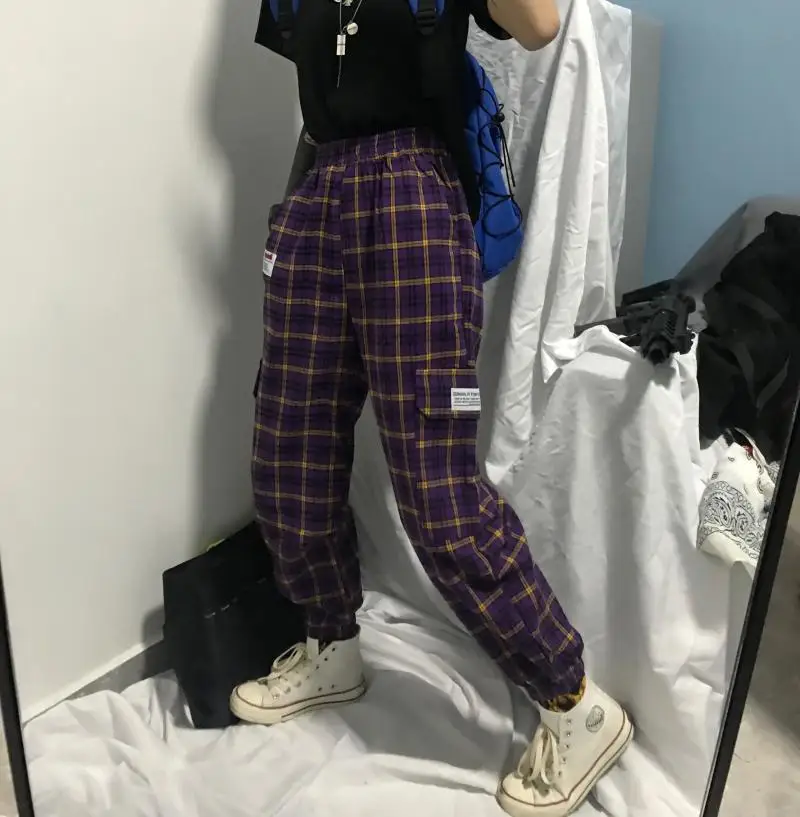 2019 Харадзюку брюки карго женские модные клетчатые уличные шаровары Повседневные