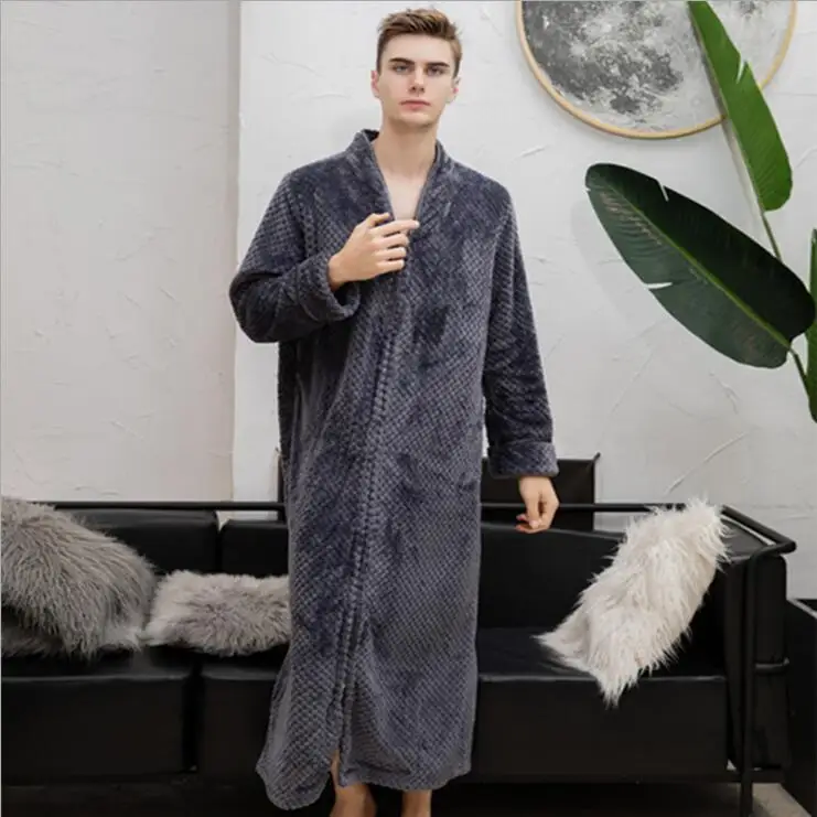 ZDFURS* женский зимний теплый длинный халат большого размера, толстый фланелевый теплый банный халат-кимоно, Одежда для беременных, одежда для невесты - Цвет: grey men
