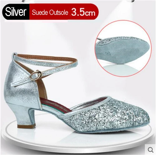 Silver 3.5cm Indoor Бальные, вечерние, современные танцевальные туфли для женщин, девушек, низкий каблук, вальс, танго, танцы, для улицы, закрытый носок, обувь для сальсы - Цвет: Silver 3.5cm Indoor