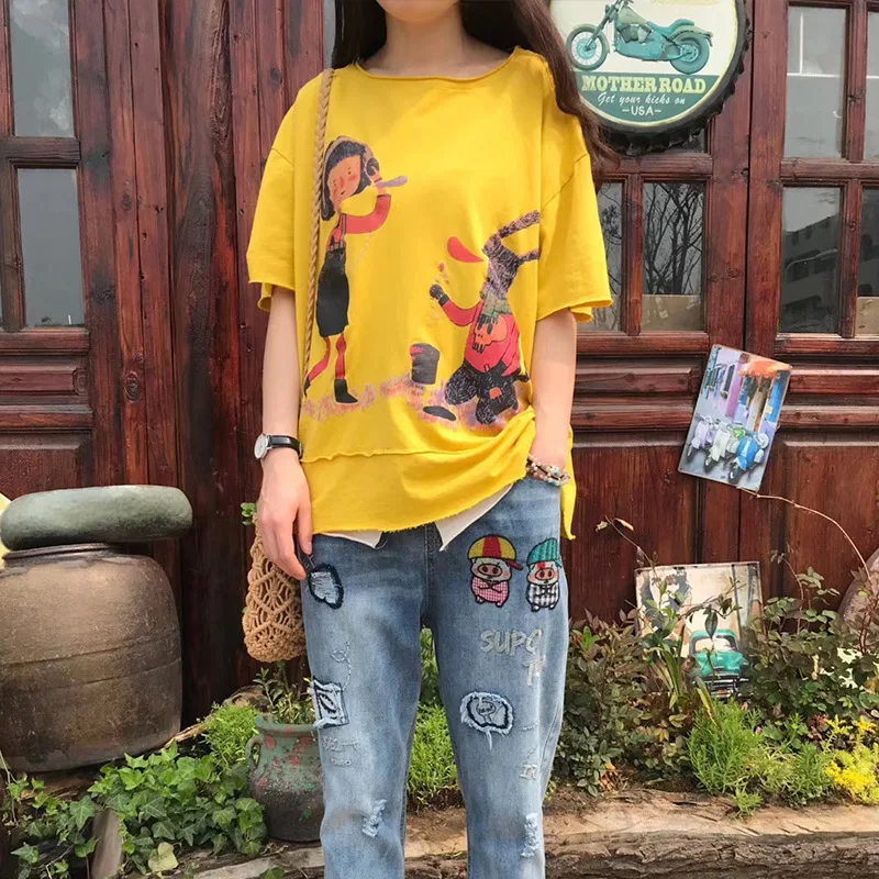 Летняя футболка Ретро женские свободные пуловеры Новые Топы o-образным вырезом с