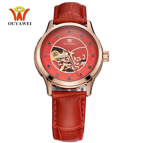 Red Reloj Mujer OYW модные женские часы механические Автоматические наручные часы с коричневым кожаным ремешком женские механические часы Relogio - Цвет: Red