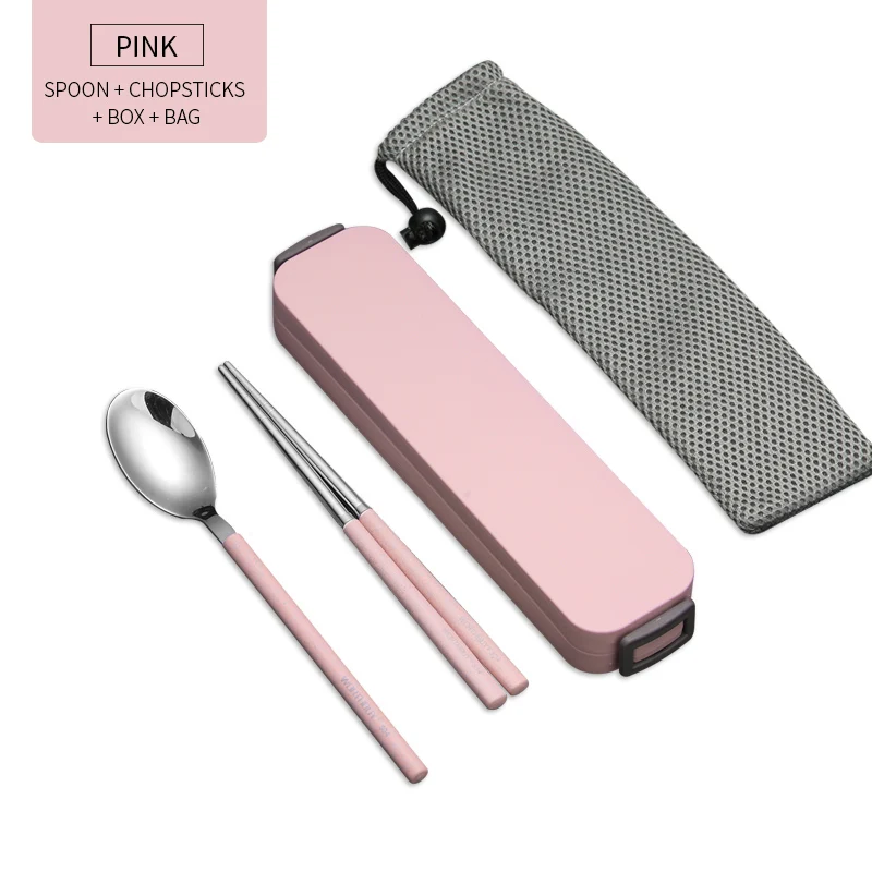Pink 4 Set And Bag Портативный набор посуды для путешествий 304, набор посуды из нержавеющей стали с ручкой из пшеничной соломы, набор кухонных столовых приборов - Цвет: Pink 4 Set And Bag
