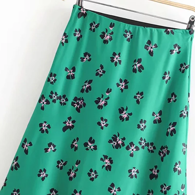 Винтажная зеленая юбка миди с цветочным принтом Женская высокой талией уличная в
