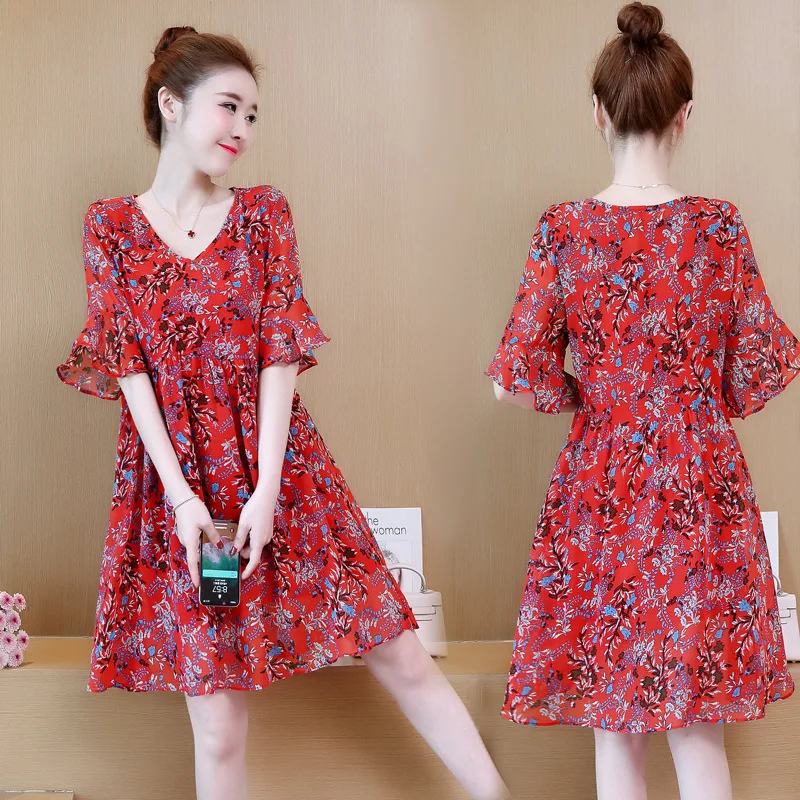 Корейское летнее шифоновое платье с цветочным принтом для женщин большие