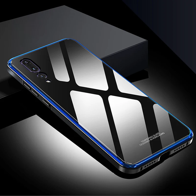 blue Для huawei P20 Pro защитный чехол Бампер металлический покрытие сотового чехол для телефона для huawei P20 назад закаленное Стекло высокое качество роскошные - Цвет: blue