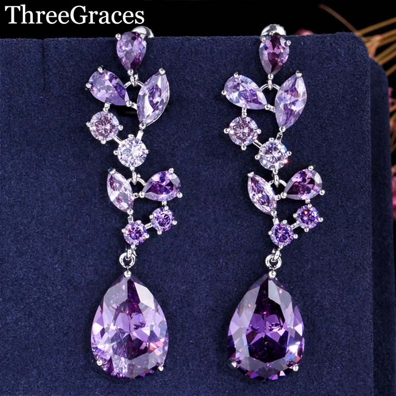 Элегантные длинные висячие серьги в форме цветка ThreeGraces с фиолетовым кубическим