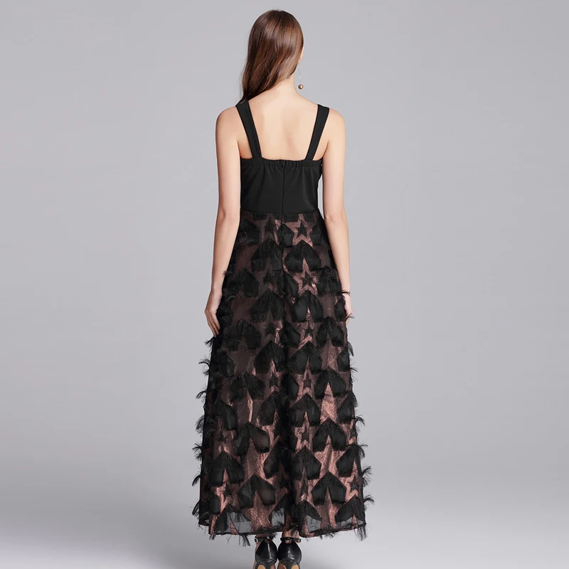 2018 Summer femme black Pentagram jacquard Spaghetti Strap dress vestidos women Strapless Tassel party sexy long | Женская одежда