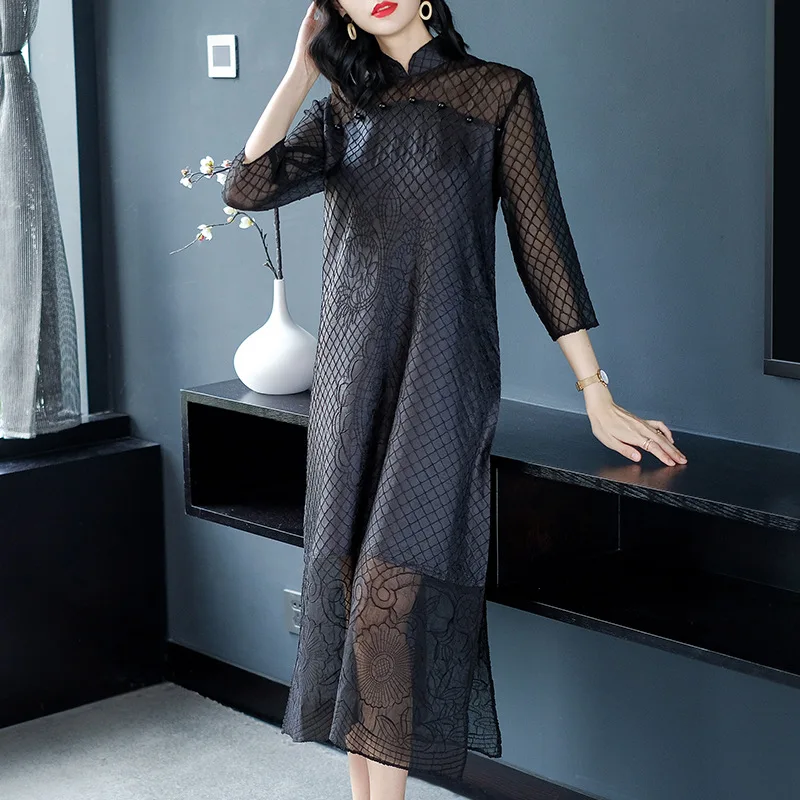 

Summer Chinese Traditional Dress Women Cotton Linen Short Sleeve Blossom Flower Printing Loose Dress Qipao