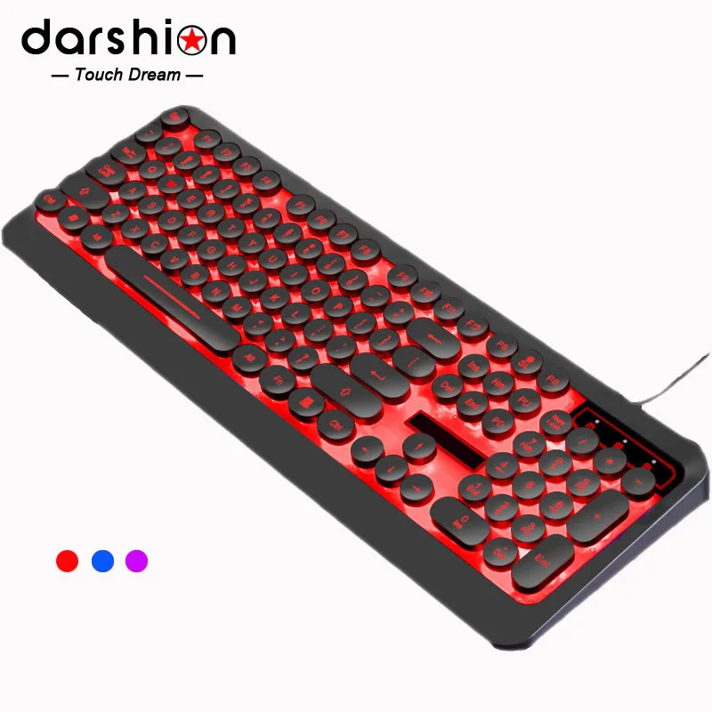 

Russian English Gaming Keyboard Retro Round Keycap Colorful Breathing Backlit 3-Color Light panel USB Wired For Laptop PC