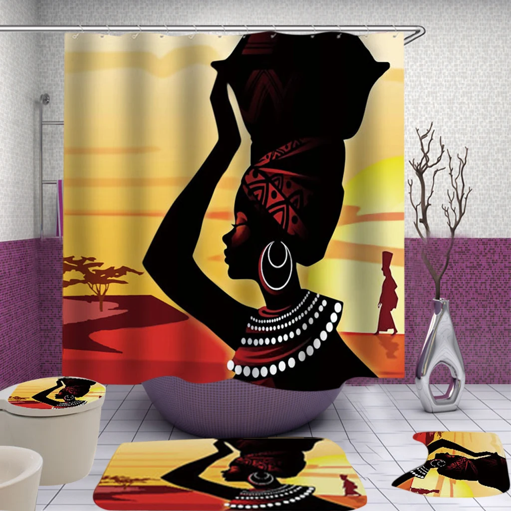 

Waterproof Polyester Shower Curtains African Women Shower Curtain Anti-Slip Bath Mat Flannel Toilet Pad tapis salle de bain