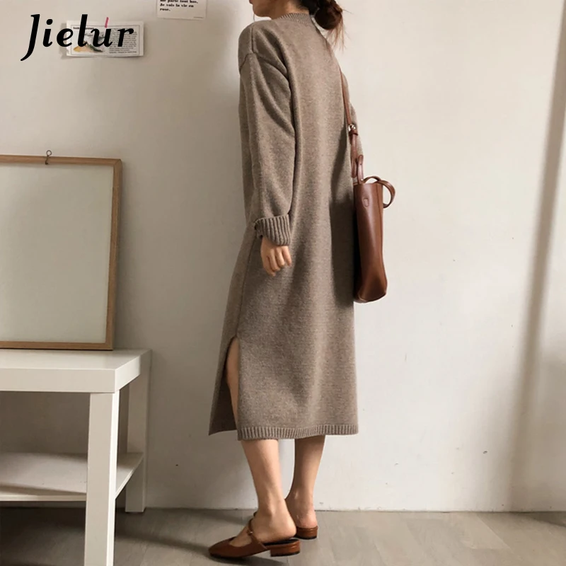Jielur свитер платье для женщин Chic корейский Стиль Новый v образный вырез теплый