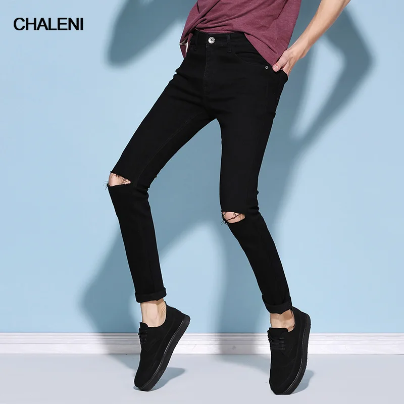 Fashion Style Elastic Hole Casual Solid Color Jeans Slim Middle Waist Full Length Pencil Pants QC-A101-809 | Мужская одежда
