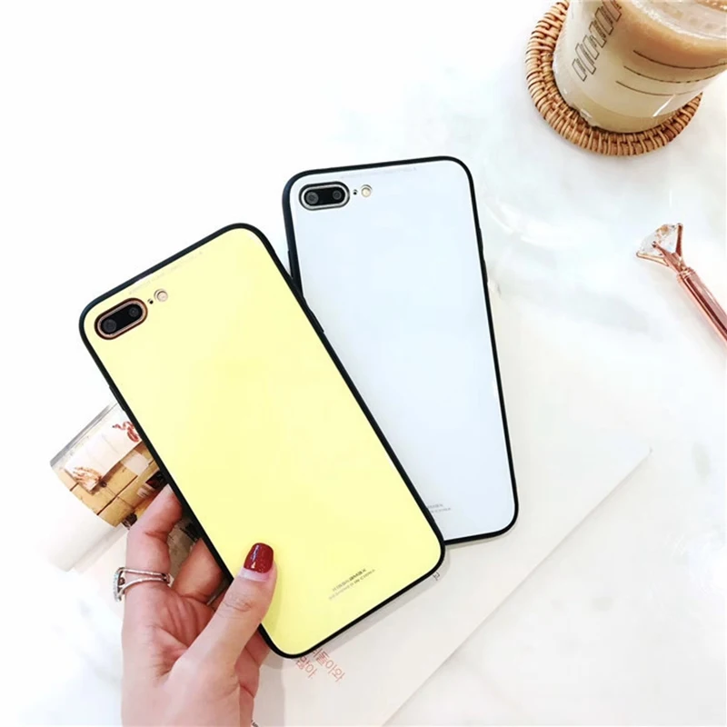 Чехол для телефона из закаленного стекла с защитой от падения для iphone 6 7 plus/8/6s/X простой сплошной цвет(зеленый/красный/желтый/белый - Цвет: yellow