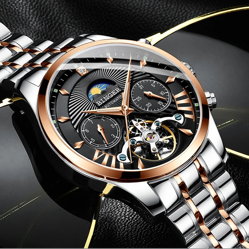 

Switzerland Mechanical Watch Men BINGER Role Luxury Brand Men Watches Skeleton Tourbillon Sapphire Male Clock Waterproof Watch