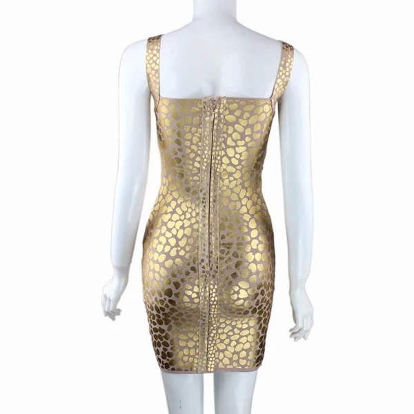 

Women Sleeveless gold Square Collar 2019 New Spaghetti Strap backless Bodycon Celebrity evening Party Bandage mini fashion dress