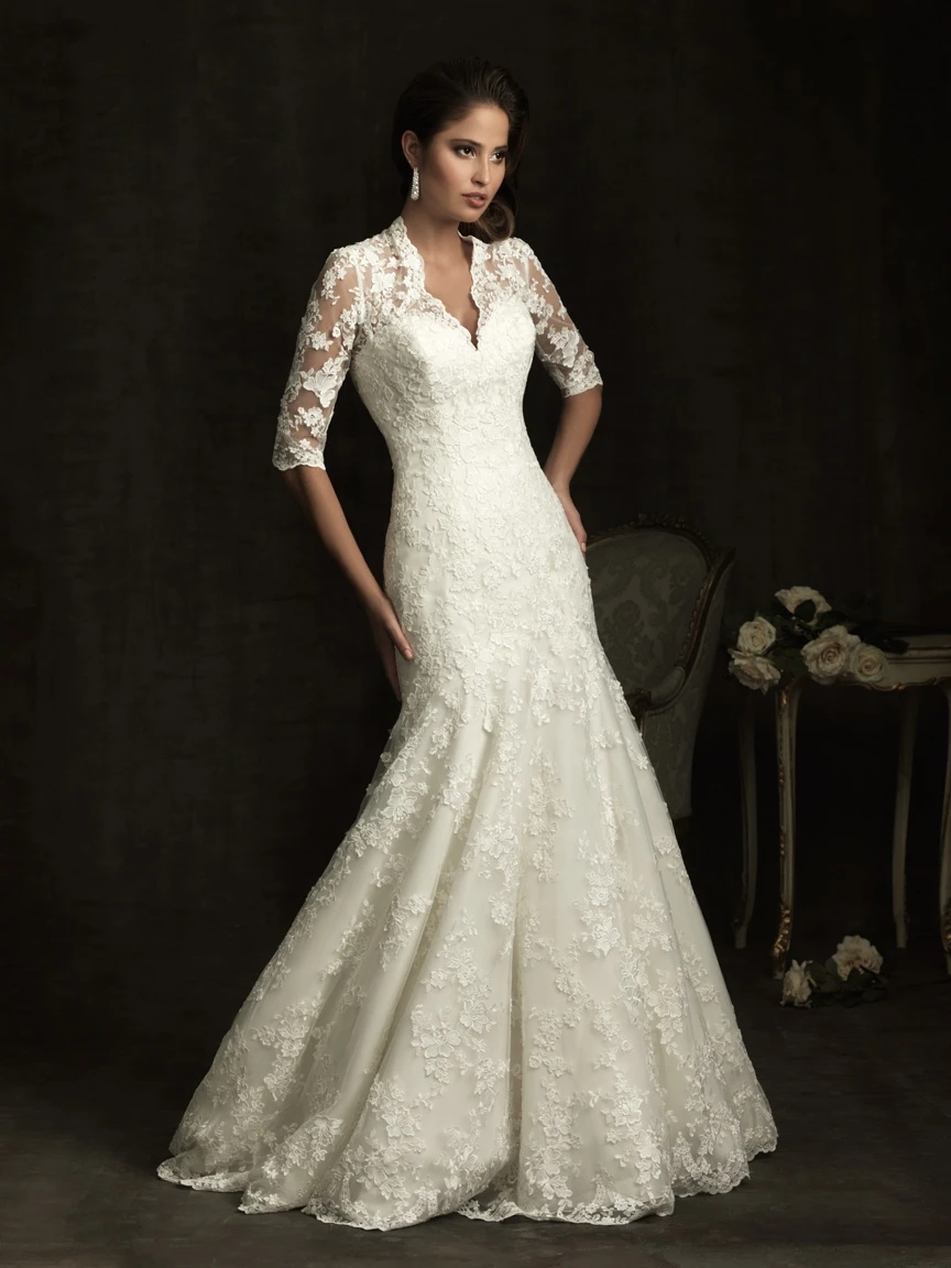 cheap-2014 Popolar Fashion A-line V-neck Slim Throughout Lace &amp Appliques Half Sleeves Sheer Covered Back Elegant Weddi | Свадьбы и