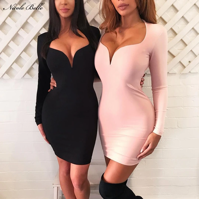 Бренд Nicole Belle 2019 осеннее новое женское мини-повязка с длинным рукавом и v-образным