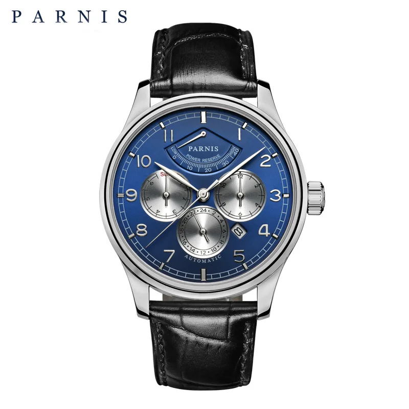 blue dial Брендовые мужские механические часы 43 мм Parnis с кожаным автоматическим питанием, мужские часы Week/Date/Moon Phase, деловые часы - Цвет: blue dial