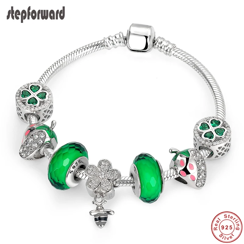 STEP FORWARD 100% 925 Sterling Silver Cute Bee Green Strawberry Clover Charms Bracelet &amp Bangle for Women Jewelry WLB029 | Украшения и