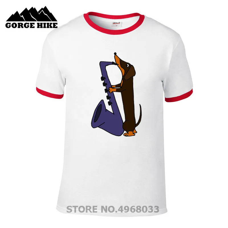 2019 Men's Funny New Arrivals Dachshund Dog T-shirts Playing Blue Saxophone Design T Shirt Cool Summer Tops Short Sleeve Unisex | Мужская