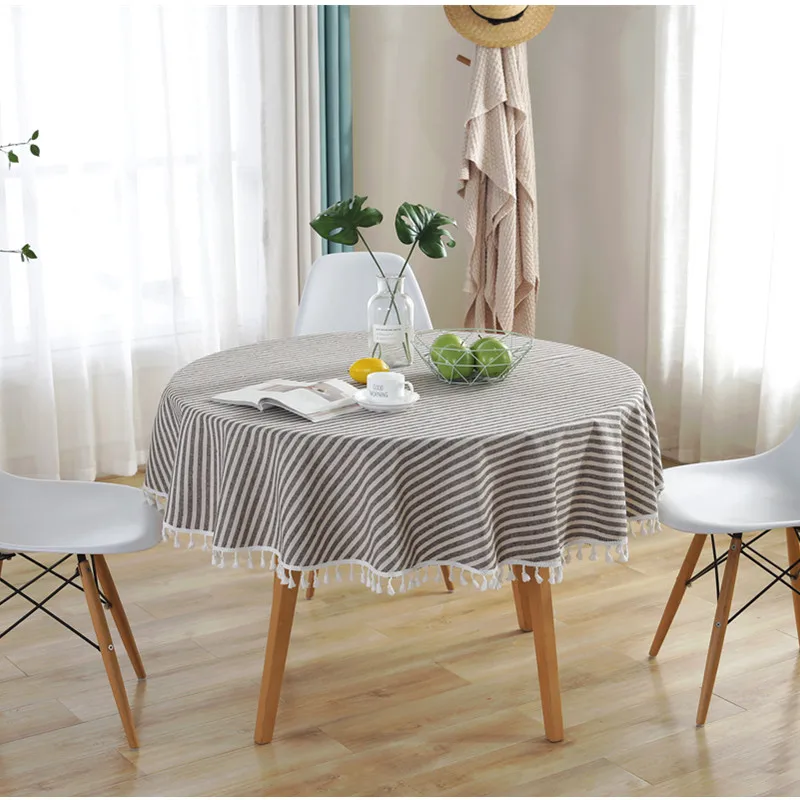 Новая полосатая скатерть, круглая скатерть для домашнего чайного стола, хлопковая скатерть с кисточками, декор для отеля, покрытие для обеденного стола